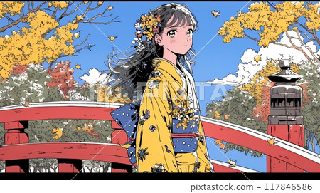 一位身穿和服的年輕女子站在秋葉的周圍。 117846586