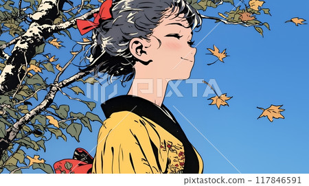 一位身穿和服的年輕女子站在秋葉的周圍。 一位身穿和服的年輕女子站在秋葉的周圍。 117846591