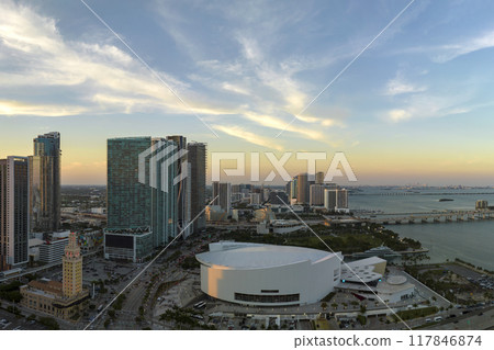 Evening urban landscape of downtown district of Miami Brickell in Florida, USA. Skyline with dark high skyscraper buildings in modern american megapolis 117846874