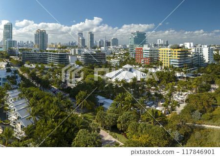 Florida vacation destination. South Beach architecture. Miami Beach city with high luxury hotels and condos. Tourist infrastructure in southern Florida, USA 117846901
