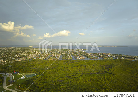 Aerial view of rural private houses in remote suburbs located near Florida wildlife wetlands with green vegetation on sea bay shore. Living close to nature concept 117847101