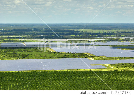 Aerial view of sustainable electric power plant between agricultural farm fields with solar photovoltaic panels for producing clean electrical energy. Renewable electricity with zero emission concept Aerial view of sustainable electric power plant between agricultural farm fields with solar photovoltaic panels for producing clean electrical energy. Renewable electricity with zero emission concept 117847124