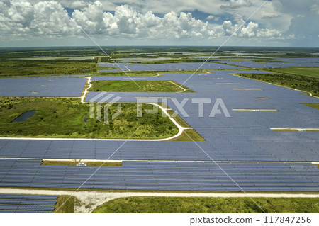 Aerial view of big sustainable electric power plant with many rows of solar photovoltaic panels for producing clean electrical energy. Renewable electricity with zero emission concept 117847256