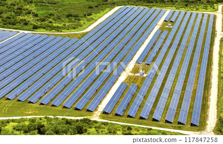 Aerial view of big sustainable electric power plant with many rows of solar photovoltaic panels for producing clean electrical energy. Renewable electricity with zero emission concept 117847258