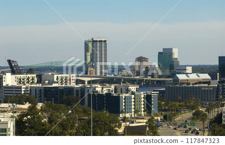 Aerial view of Jacksonville city with high office buildings. View from above of USA glass and steel high skyscraper architecture in modern american midtown 117847323