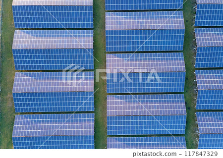 Aerial view of large sustainable electrical power plant with rows of solar photovoltaic panels for producing clean ecological electric energy. Renewable electricity with zero emission concept. 117847329