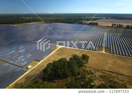 Aerial view of large sustainable electrical power plant with rows of solar photovoltaic panels for producing clean electric energy. Concept of renewable electricity with zero emission 117847333