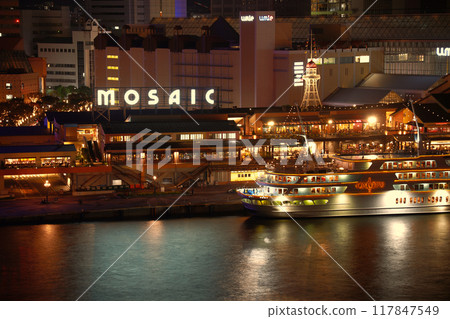 Cruise ship anchored at Kobe Harborland at night Cruise ship anchored at Kobe Harborland at night 117847549