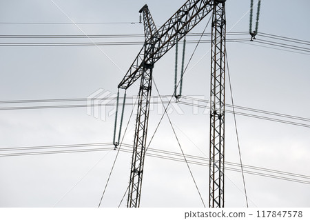 High voltage power line with insulation divider of electric power wires for safe delivering of electrical energy through steel cable on long distance 117847578