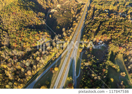 Highway road in USA. American freeway road with fast driving cars. Transportation infrastructure in North Carolina Appalachian mountains 117847586