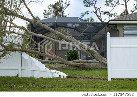 Hurricane damage to white PVC backyard fence ruined after tree debris fell down on it in Florida 117847598