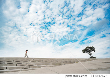 A young woman walking next to a tree on the beach under a blue sky A young woman walking next to a tree on the beach under a blue sky 117847678