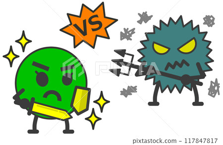 Illustration of a battle between good bacteria and bad bacteria Illustration of a battle between good bacteria and bad bacteria 117847817