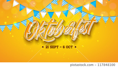 Oktoberfest Party Banner Illustration with Fresh Lager Beer and Barleys Ear on Yellow Background. Vector Celebration Flyer Template With Typography Lettering for Traditional German Beer Festival. Oktoberfest Party Banner Illustration with Fresh Lager Beer and Barleys Ear on Yellow Background. Vector Celebration Flyer Template With Typography Lettering for Traditional German Beer Festival. 117848100