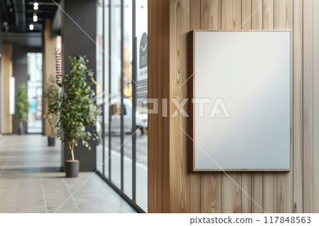 Modern interior with blank wall frame for advertisement and indoor plants in a well-lit urban space 117848563