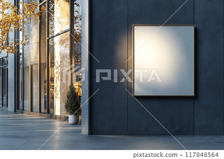 A blank advertising board stands against a modern building, in a city setting 117848564