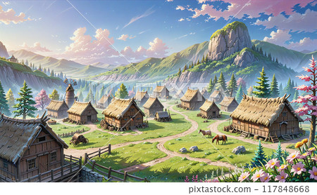 "Mountain village with horses" 117848668