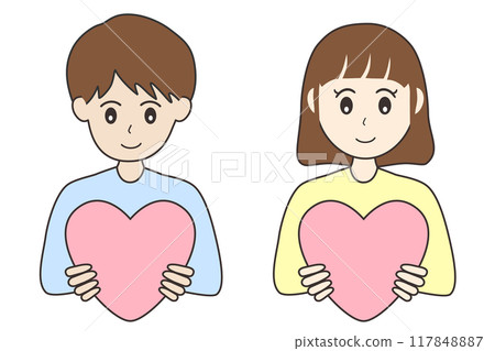 一個年輕男人和一個女人抱著心的插圖。同情心圖標素材 117848887