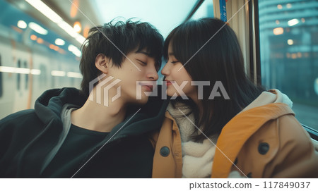 A heartwarming scene of young Asian men and women closing their eyes and putting their faces close together | Couple's date 117849037
