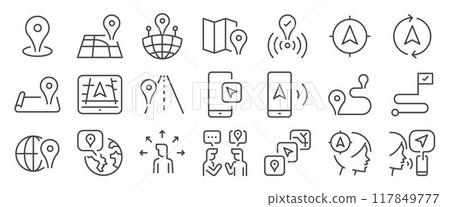 Location icon set. It included navigation, map, pin, navigator, and more icons. Editable Vector Stroke. Location icon set. It included navigation, map, pin, navigator, and more icons. Editable Vector Stroke. 117849777