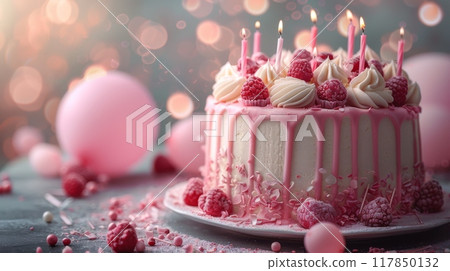 Happy birthday. The background of the birthday cake is decorated with pink balloons and candles, creating an atmosphere for celebration. The soft pastel colors add to its elegance 117850132