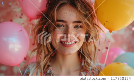 Happy birthday. Pretty young woman holding balloons at celebration party, posing over pink studio background with falling confetti 117850134
