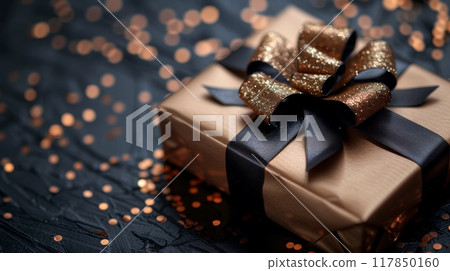 Happy birthday. Golden gift box with ribbon on black background, top view, concept for BirthDay or Women's Day greeting card. High quality photography 117850160