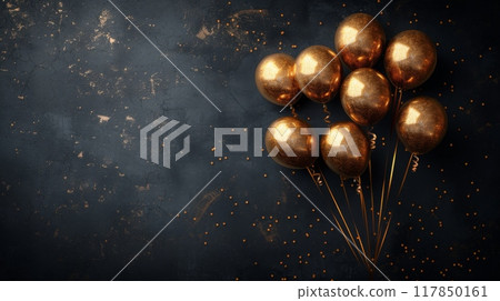 Happy birthday. Black background with golden balloons on the left side of the picture, creating an atmosphere for celebration and partying. 117850161