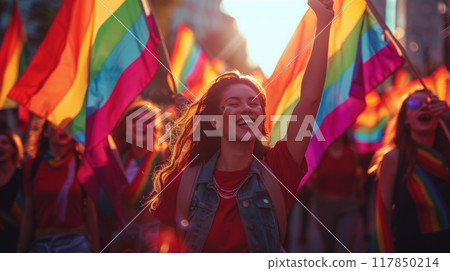 Pride Month . A scene of LGBTQIA protestors marching for equality and justice, their determination and unity visible in their expressions and actions. Pride Month . A scene of LGBTQIA protestors marching for equality and justice, their determination and unity visible in their expressions and actions. 117850214