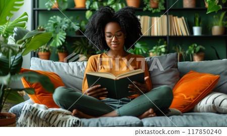 person reading a book or listening to music, emphasizing the role of relaxation and self-care in mental health. mental health , mindfulness and wellness concept 117850240