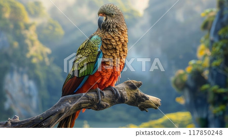 New Zealand Kea sits on a branch against the backdrop of New Zealand landscapes. Realistic photo. New Zealand Kea sits on a branch against the backdrop of New Zealand landscapes. Realistic photo. 117850248