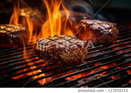 Beef meat barbecue burgers prepared grilled on bbq fire flame grill AI Generation 117850353