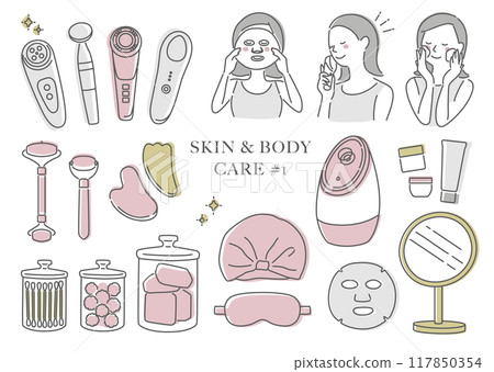 一名婦女進行皮膚護理的插圖（線圖） 117850354