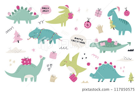 Hand drawn Christmas dinosaurs and doodle decorative elements 117850575