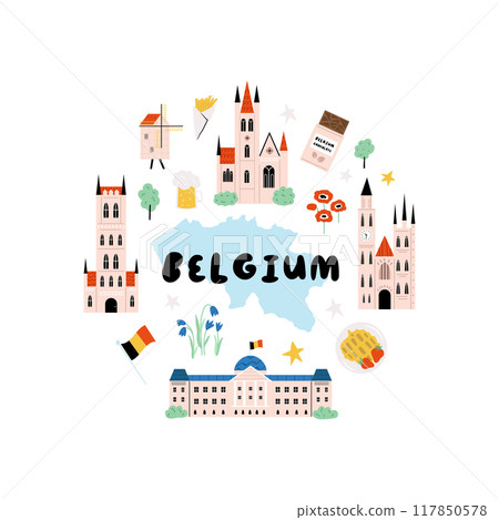 Decorative poster with hand drawn landmarks, symbols of Belgium Decorative poster with hand drawn landmarks, symbols of Belgium 117850578