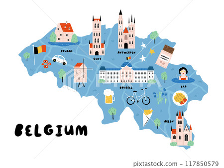 Detailed Hand-Drawn Map of Belgium with Landmarks and Cultural Symbols Detailed Hand-Drawn Map of Belgium with Landmarks and Cultural Symbols 117850579