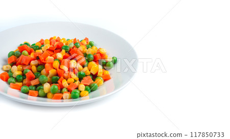Organic Food. Mixed Vegetables Isolated White Background. Vegetable containing carrots, peas, and corn on white background, Healthy food, Colorful mixed vegetables. 117850733