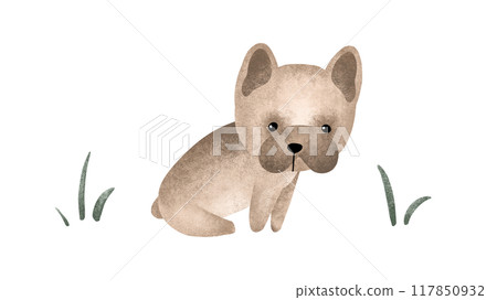 Cartoon animal dog for kids design . Hand drawn illustration of french bulldog and green grace on isolated background. Minimalist scandinavian style. Cute pets for children post or stickers Cartoon animal dog for kids design . Hand drawn illustration of french bulldog and green grace on isolated background. Minimalist scandinavian style. Cute pets for children post or stickers 117850932