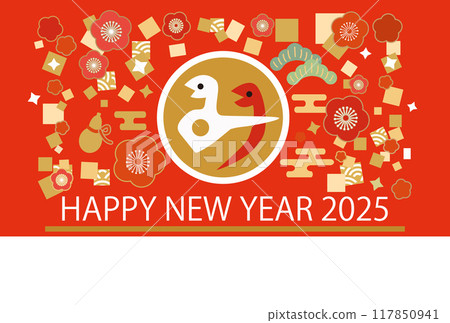 New Year's card for the Year of the Snake 2025, featuring illustrations of lucky charms 117850941