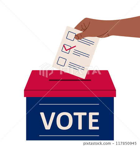 Vote 2024. Hand drops ballot paper into ballot box. Election campaign. Flat isolated vector illustration 117850945