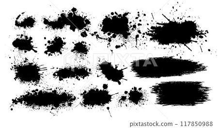 Black brush stroke set isolated on background. Paint brush stroke for ink paint, grunge design element, dirt banner, watercolor design, dirty texture. Trendy brush stroke. hand drawn. Not AI, Vector 117850988