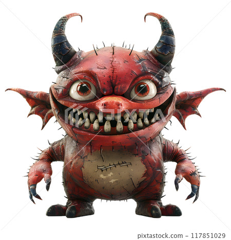 A joyful red devil character stands with a wide grin, showcasing sharp teeth and large eyes. Its spiky wings and mischievous expression add energy to the fantasy-themed environment. 117851029