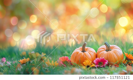 Colorful Pumpkins and Autumn Flowers on Green Grass 117851121