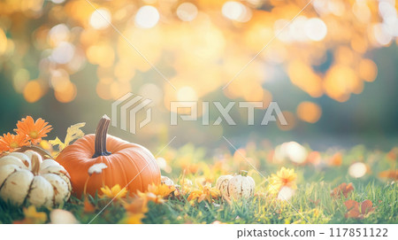 Colorful Pumpkins and Autumn Flowers on Green Grass 117851122