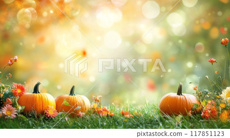 Colorful Pumpkins and Autumn Flowers on Green Grass 117851123