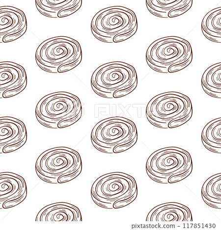 Cinnamon Roll seamless pattern in lone art style. Bakery wrapping paper with cinnamon bun wrapping, fabric, textile, surface, web and print design. Vector illustration on a white background. 117851430