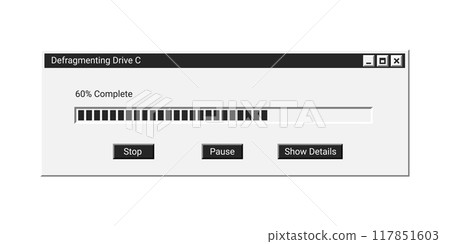 Old installation window in black color on screen. Old installation window in black color on screen. 117851603