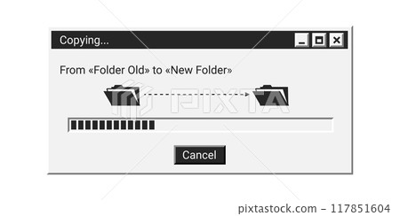 Retro loading window in black color with old folders. Copying window in old style. Retro loading window in black color with old folders. Copying window in old style. 117851604