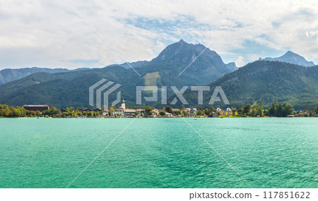 landscape with Lake Wolfgangsee, mountains and the town of Strobl, Austria landscape with Lake Wolfgangsee, mountains and the town of Strobl, Austria 117851622