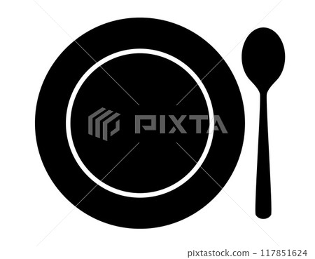 place setting cutlery - spoon and plate silhouette shape, black and white vector illustration 117851624